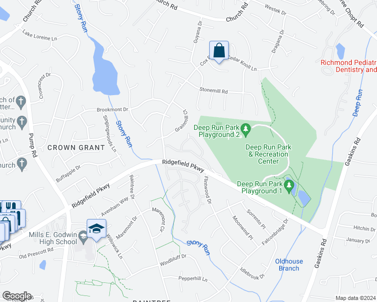 map of restaurants, bars, coffee shops, grocery stores, and more near 2101 Turtle Creek Drive in Richmond