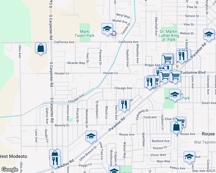 map of restaurants, bars, coffee shops, grocery stores, and more near 1017 Chicago Avenue in Modesto