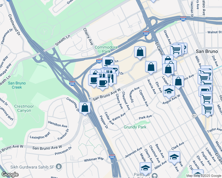 map of restaurants, bars, coffee shops, grocery stores, and more near 813 Cherry Avenue in San Bruno