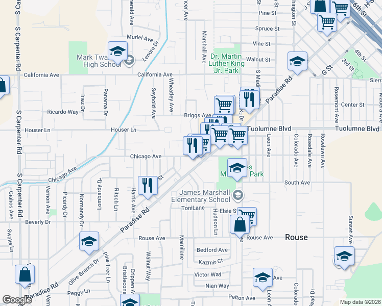 map of restaurants, bars, coffee shops, grocery stores, and more near 611 Paradise Road in Modesto