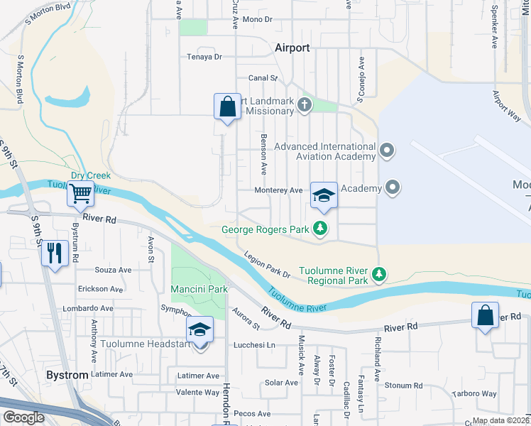 map of restaurants, bars, coffee shops, grocery stores, and more near 1331 Hillside Drive in Modesto