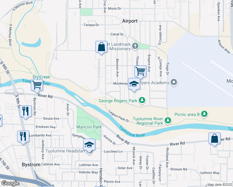 map of restaurants, bars, coffee shops, grocery stores, and more near 1331 Hillside Drive in Modesto