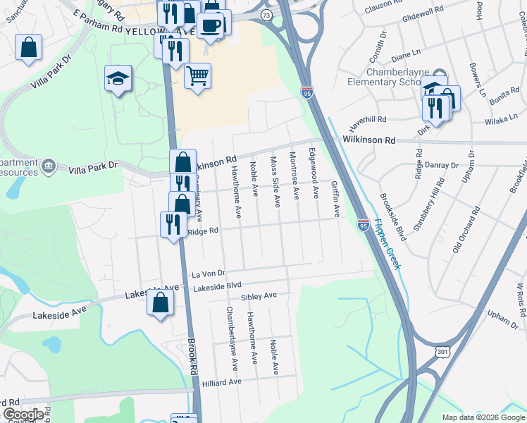 map of restaurants, bars, coffee shops, grocery stores, and more near 7504 Moss Side Avenue in Richmond