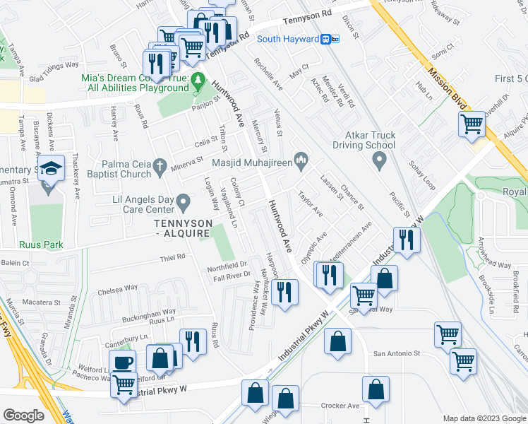 map of restaurants, bars, coffee shops, grocery stores, and more near 29219 Whalebone Way in Hayward