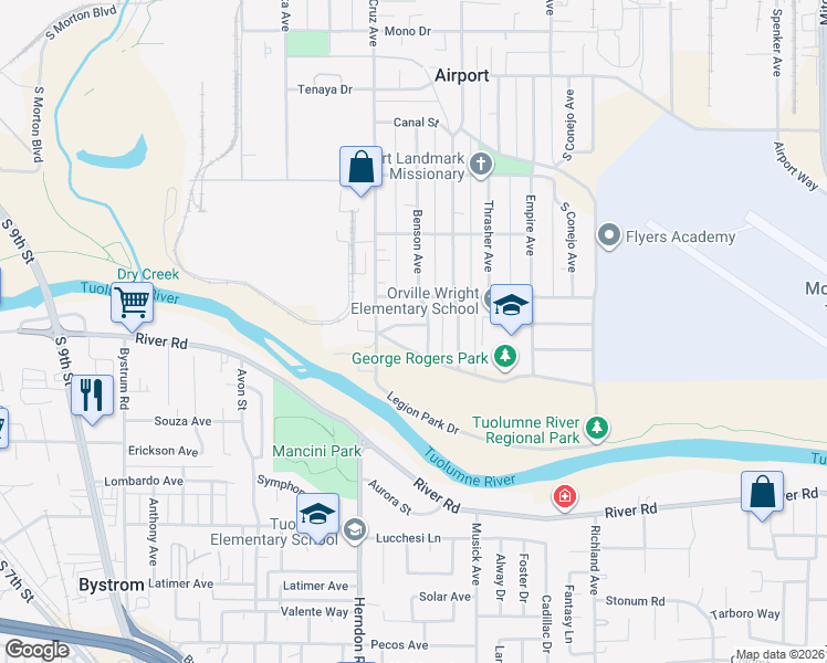 map of restaurants, bars, coffee shops, grocery stores, and more near 1324 Trenary Way in Modesto