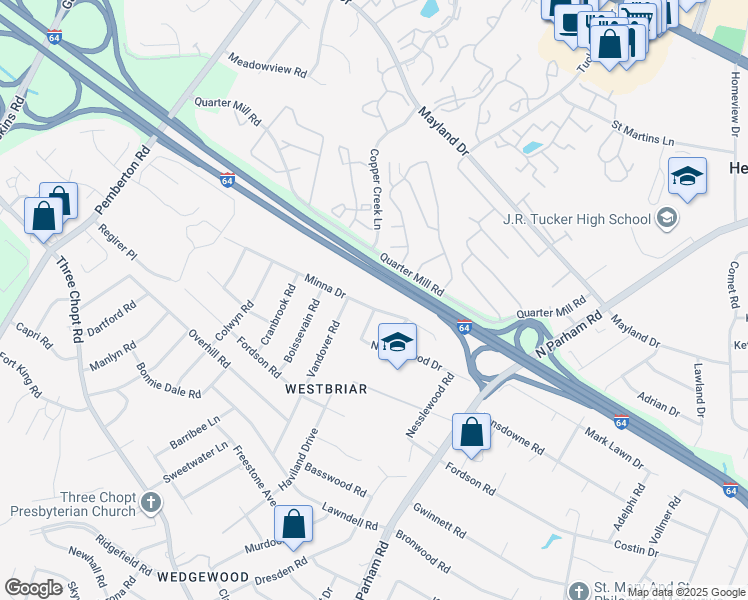 map of restaurants, bars, coffee shops, grocery stores, and more near 9000 Minna Drive in Richmond