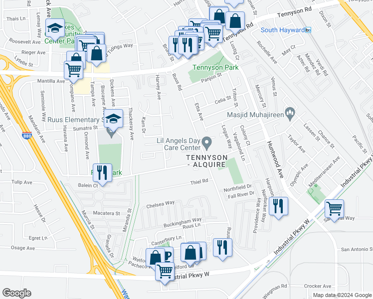 map of restaurants, bars, coffee shops, grocery stores, and more near 919 Snowberry Court in Hayward