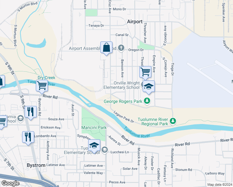 map of restaurants, bars, coffee shops, grocery stores, and more near 1310 Trenary Way in Modesto