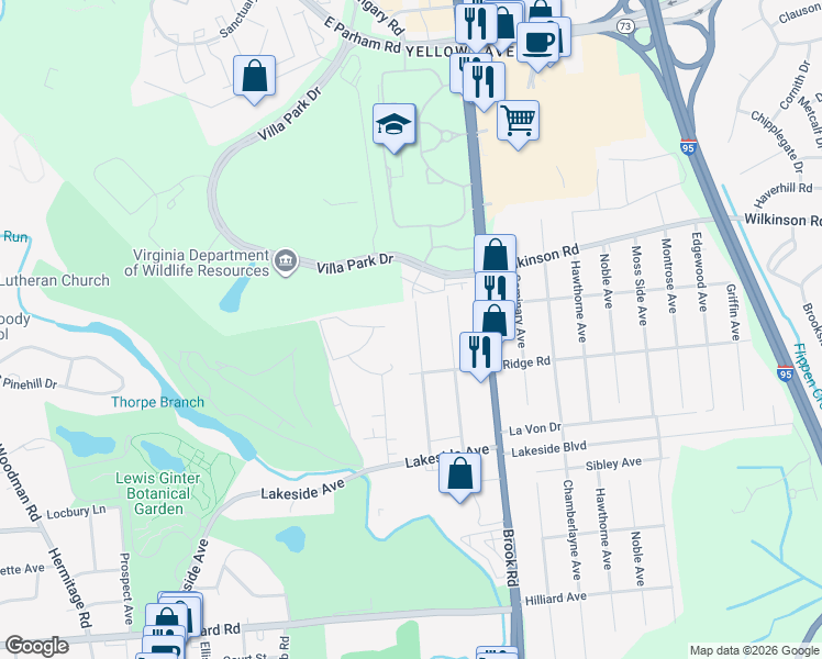 map of restaurants, bars, coffee shops, grocery stores, and more near 7516 Landsworth Avenue in Richmond
