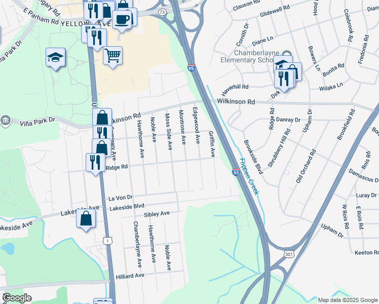 map of restaurants, bars, coffee shops, grocery stores, and more near 7503 Montrose Avenue in Richmond