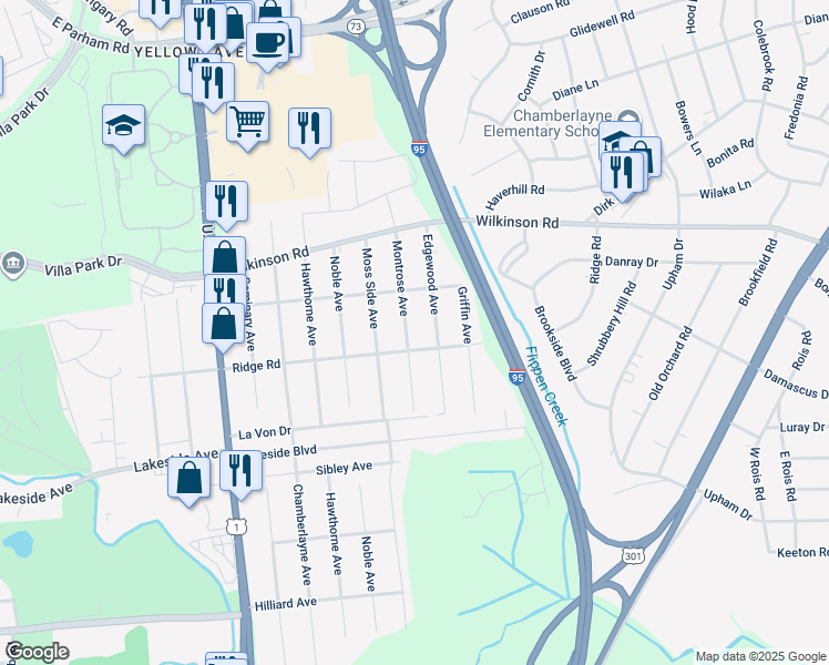 map of restaurants, bars, coffee shops, grocery stores, and more near 7503 Montrose Avenue in Richmond