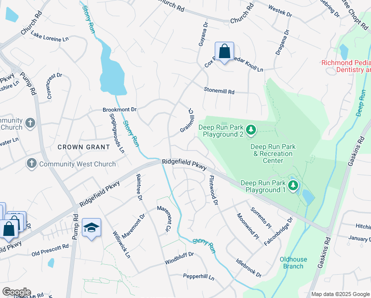 map of restaurants, bars, coffee shops, grocery stores, and more near 2104 Turtle Run Drive in Henrico