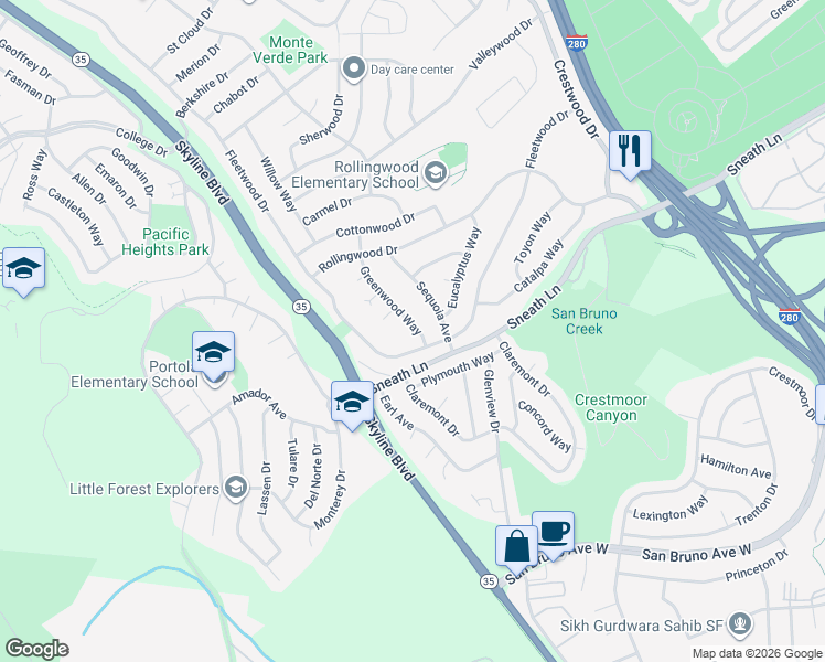 map of restaurants, bars, coffee shops, grocery stores, and more near 1431 Greenwood Way in San Bruno