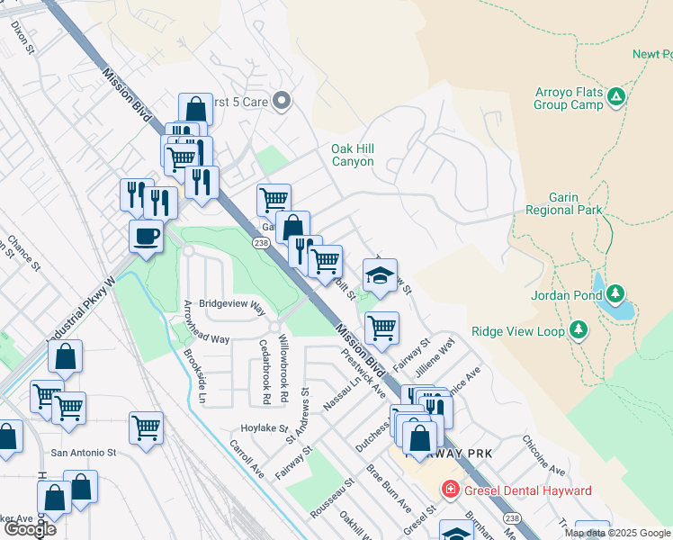 map of restaurants, bars, coffee shops, grocery stores, and more near 30236 Vanderbilt Street in Hayward