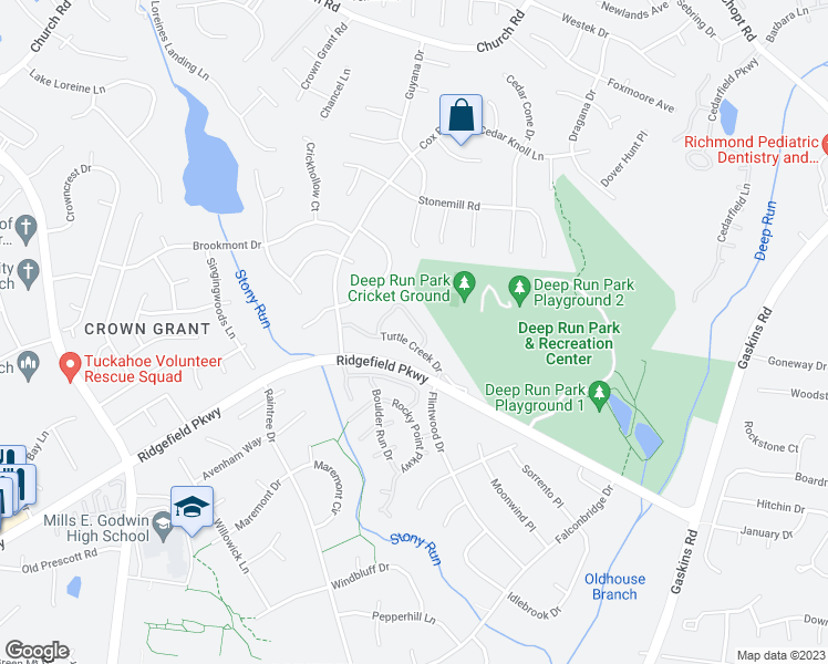 map of restaurants, bars, coffee shops, grocery stores, and more near 2113 Turtle Run Drive in Henrico
