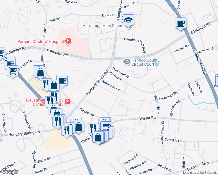 map of restaurants, bars, coffee shops, grocery stores, and more near 7417 Stoneman Rd in Richmond