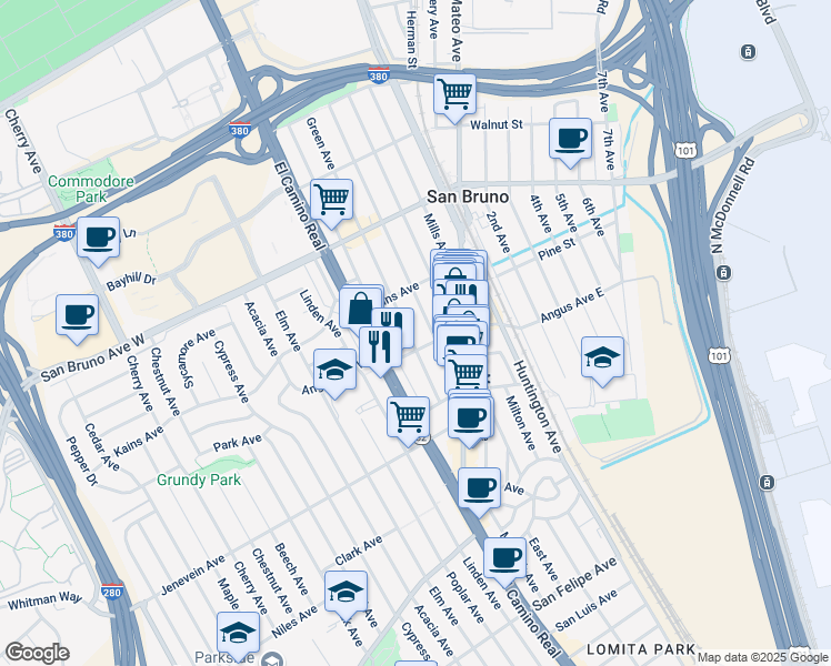 map of restaurants, bars, coffee shops, grocery stores, and more near 617 Green Avenue in San Bruno