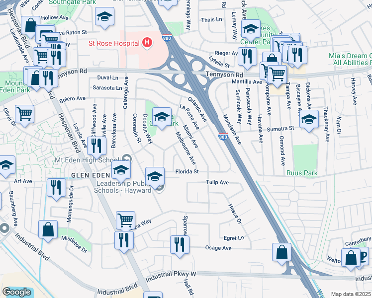 map of restaurants, bars, coffee shops, grocery stores, and more near 27820 Dolphin Lane in Hayward