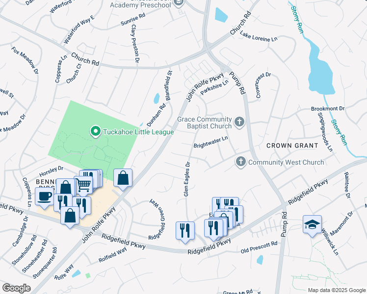 map of restaurants, bars, coffee shops, grocery stores, and more near 12509 Brightwater Lane in Richmond