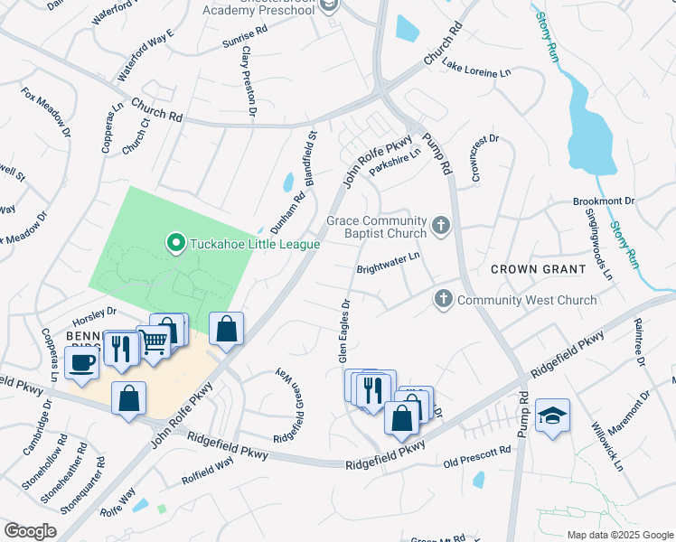 map of restaurants, bars, coffee shops, grocery stores, and more near 12509 Brightwater Lane in Richmond