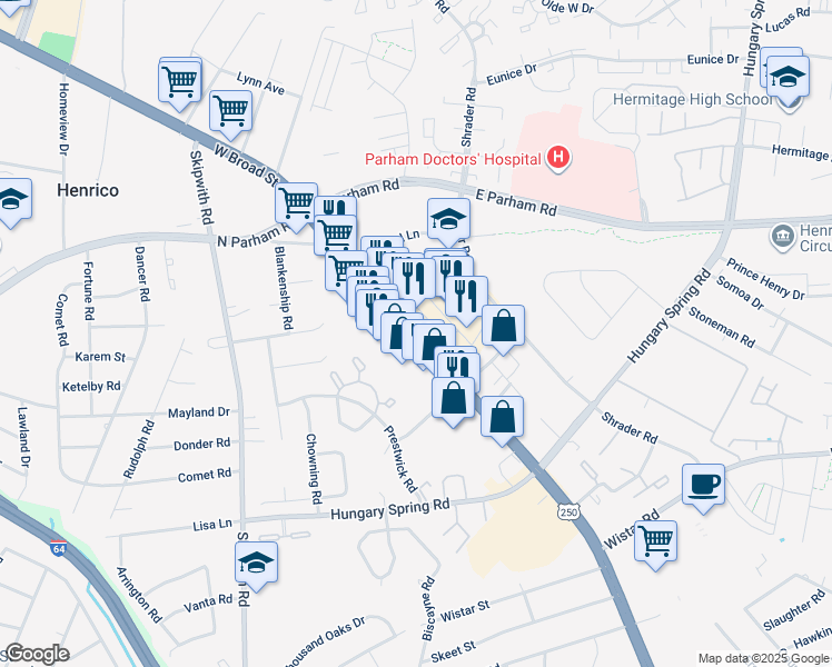 map of restaurants, bars, coffee shops, grocery stores, and more near 8040 West Broad Street in Henrico