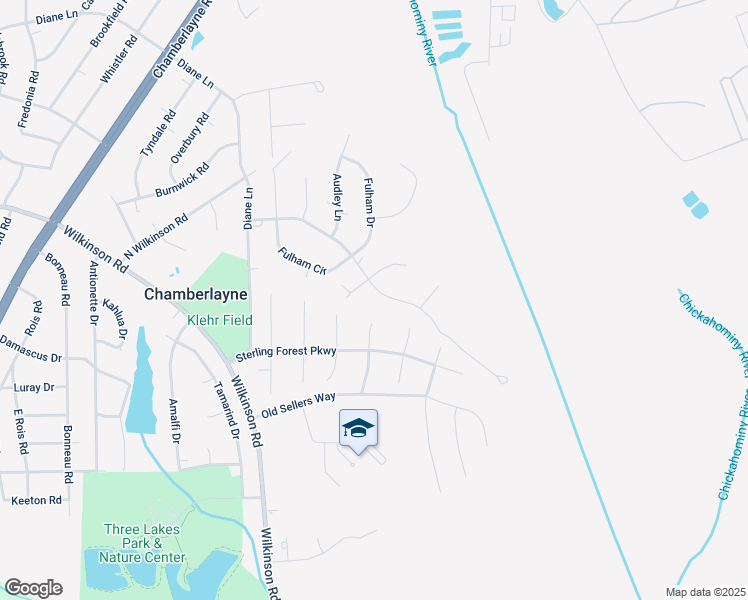 map of restaurants, bars, coffee shops, grocery stores, and more near 111 Chickahominy Bluffs Road in Richmond