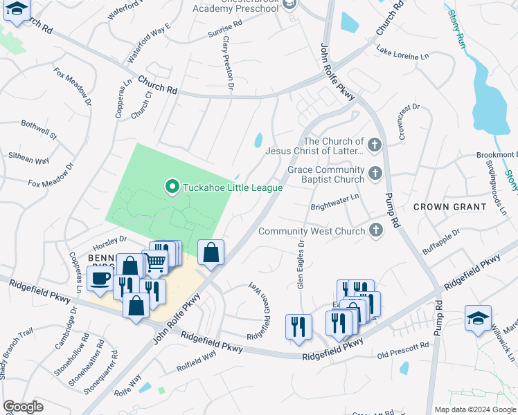 map of restaurants, bars, coffee shops, grocery stores, and more near 2527 Hawkesbury Court in Henrico