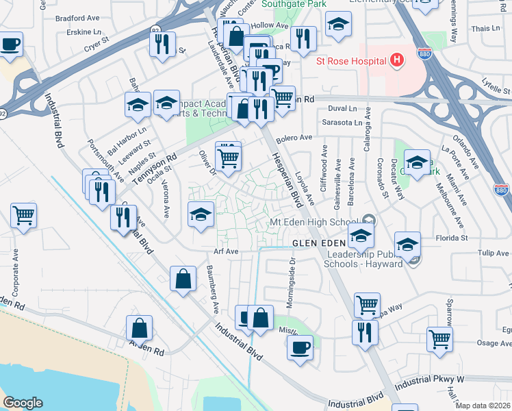 map of restaurants, bars, coffee shops, grocery stores, and more near 27521 Stromberg Court in Hayward