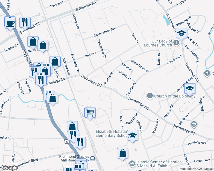 map of restaurants, bars, coffee shops, grocery stores, and more near 2517 Poates Drive in Richmond