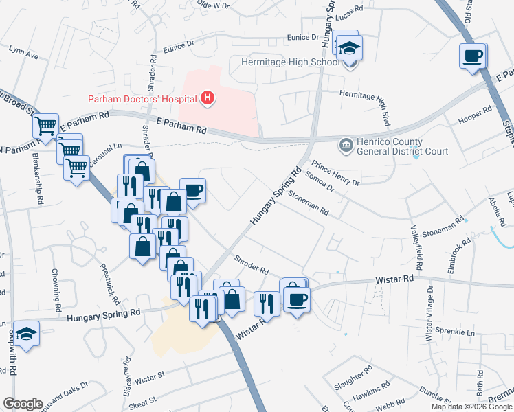map of restaurants, bars, coffee shops, grocery stores, and more near 3014 Hungary Spring Road in Richmond