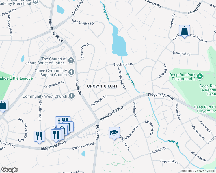 map of restaurants, bars, coffee shops, grocery stores, and more near 10412 Huntsmoor Drive in Richmond