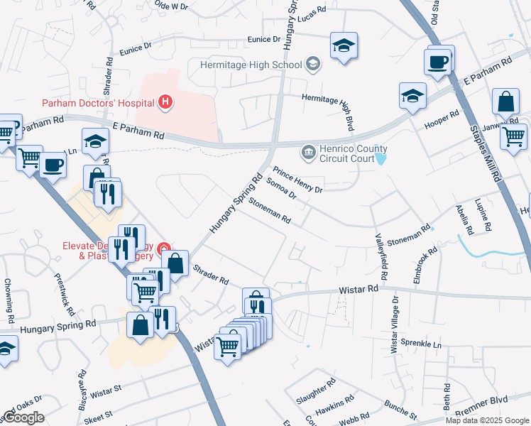 map of restaurants, bars, coffee shops, grocery stores, and more near 7417 Stoneman Road in Richmond