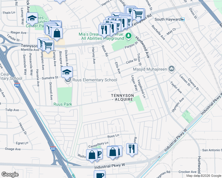 map of restaurants, bars, coffee shops, grocery stores, and more near 28882 Nusom Court in Hayward