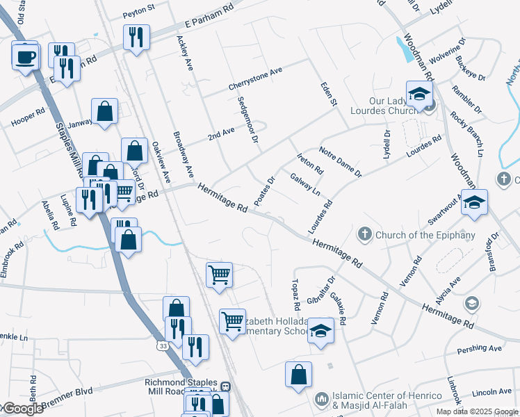 map of restaurants, bars, coffee shops, grocery stores, and more near 2517 Poates Drive in Richmond