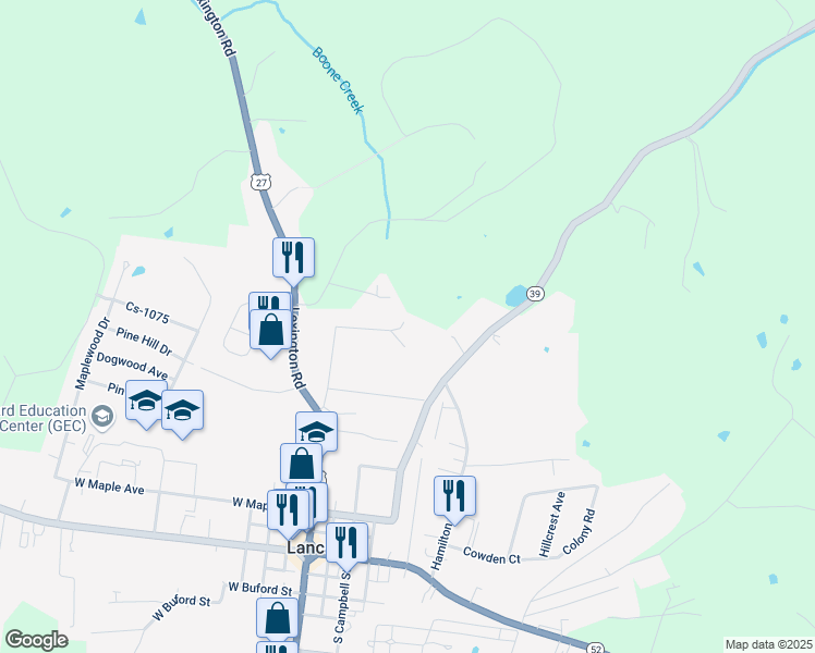 map of restaurants, bars, coffee shops, grocery stores, and more near 118 Haselden Heights in Lancaster