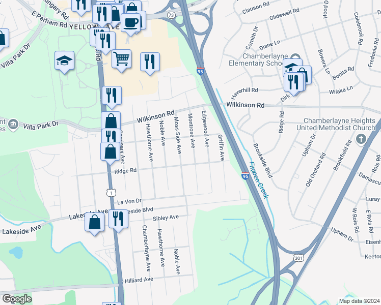 map of restaurants, bars, coffee shops, grocery stores, and more near 7508 Montrose Avenue in Richmond