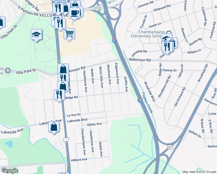 map of restaurants, bars, coffee shops, grocery stores, and more near 7508 Montrose Avenue in Richmond