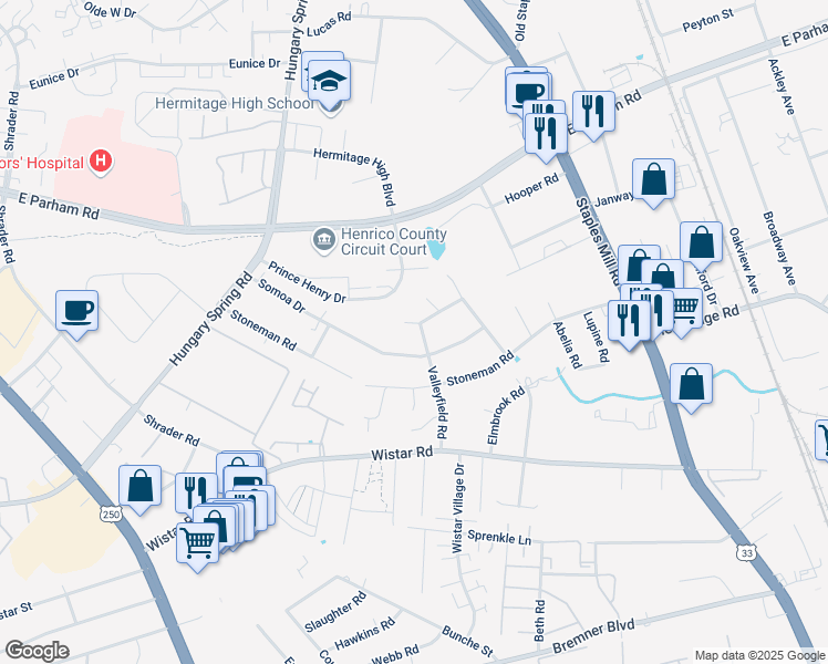 map of restaurants, bars, coffee shops, grocery stores, and more near 3304 Valleyfield Road in Richmond