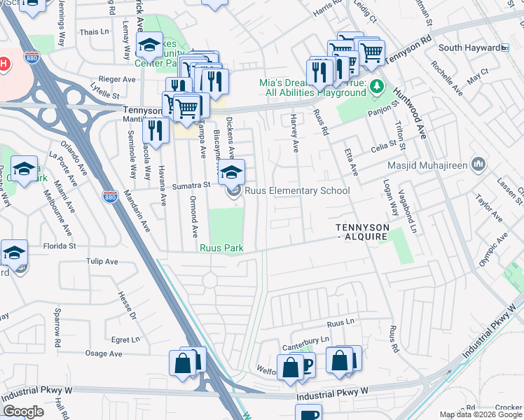 map of restaurants, bars, coffee shops, grocery stores, and more near 1189 Boulder Creek Drive in Hayward