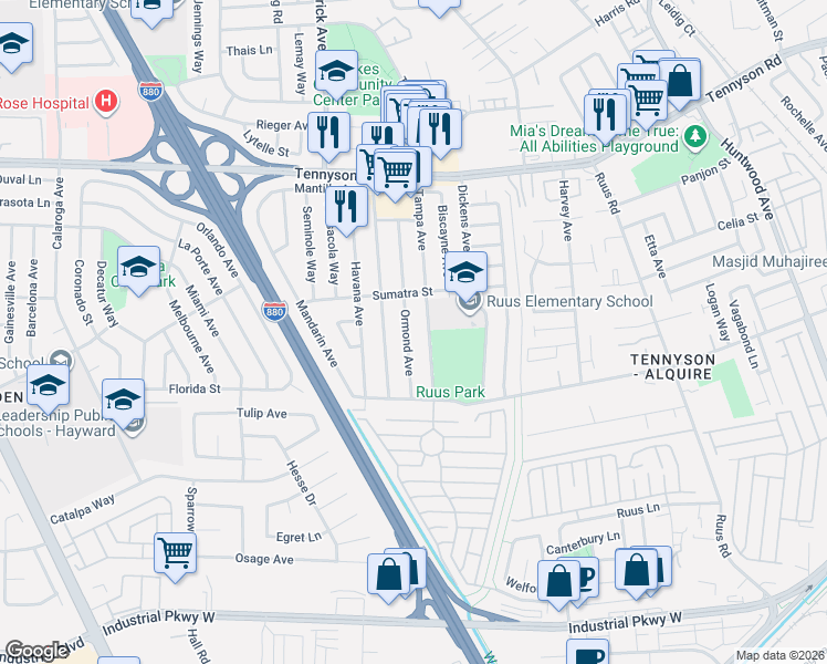 map of restaurants, bars, coffee shops, grocery stores, and more near 27998 Ormond Avenue in Hayward