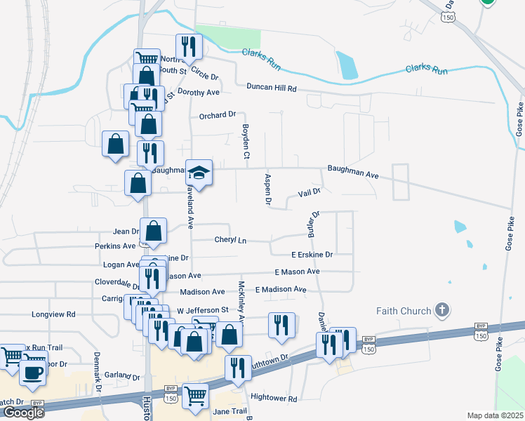 map of restaurants, bars, coffee shops, grocery stores, and more near 125 Cheryl Lane in Danville