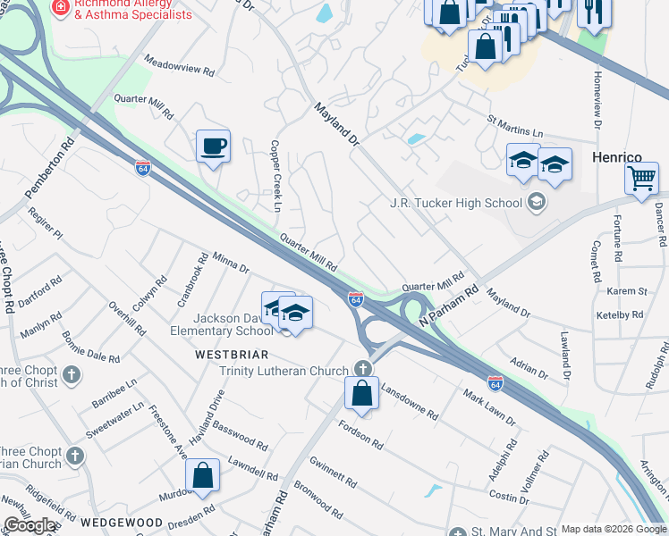 map of restaurants, bars, coffee shops, grocery stores, and more near 8501 Aldeburgh Drive in Henrico