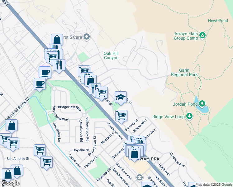 map of restaurants, bars, coffee shops, grocery stores, and more near 657 Cherokee Court in Hayward