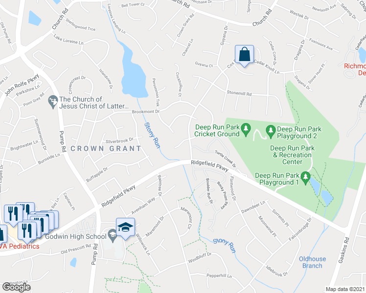 map of restaurants, bars, coffee shops, grocery stores, and more near 10203 Swinging Bridge Drive in Henrico