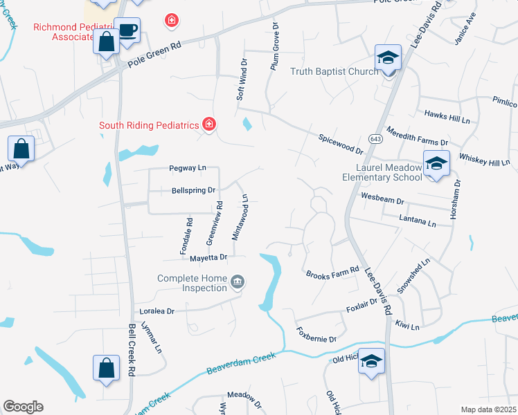 map of restaurants, bars, coffee shops, grocery stores, and more near 7173 Mintawood Court in Mechanicsville