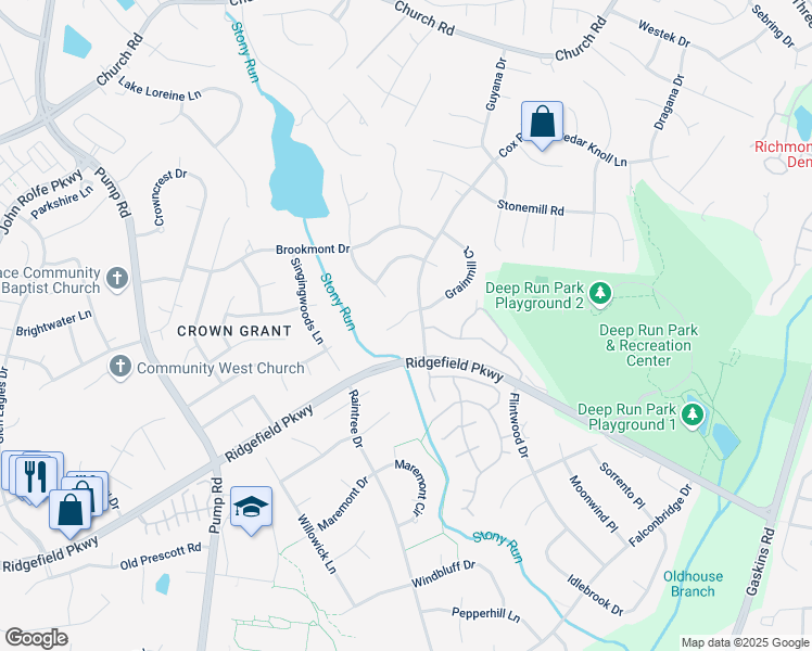 map of restaurants, bars, coffee shops, grocery stores, and more near 10203 Swinging Bridge Drive in Henrico