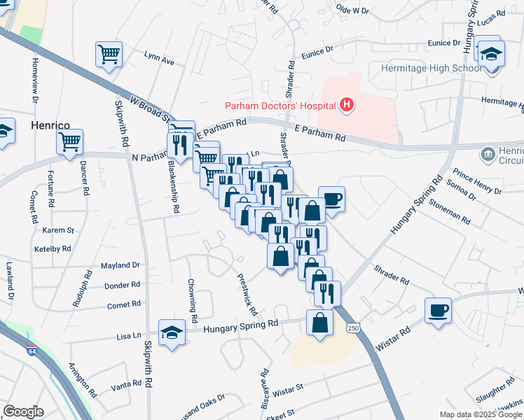 map of restaurants, bars, coffee shops, grocery stores, and more near 8040 W Broad St in Henrico