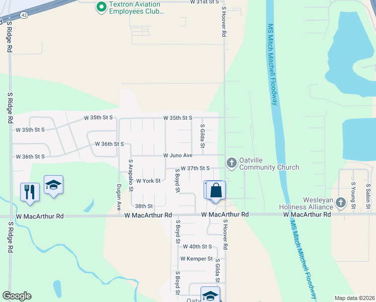 map of restaurants, bars, coffee shops, grocery stores, and more near 5898 West 37th Street South in Wichita