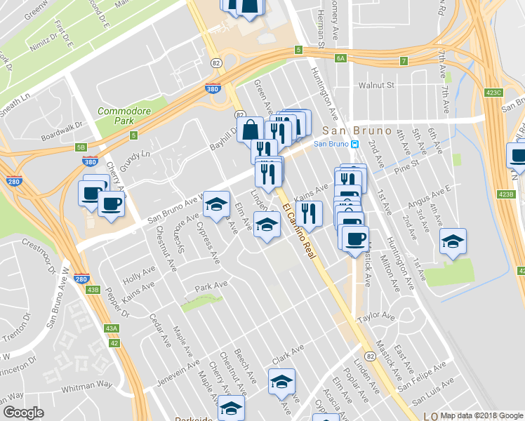 map of restaurants, bars, coffee shops, grocery stores, and more near 701 Linden Avenue in San Bruno