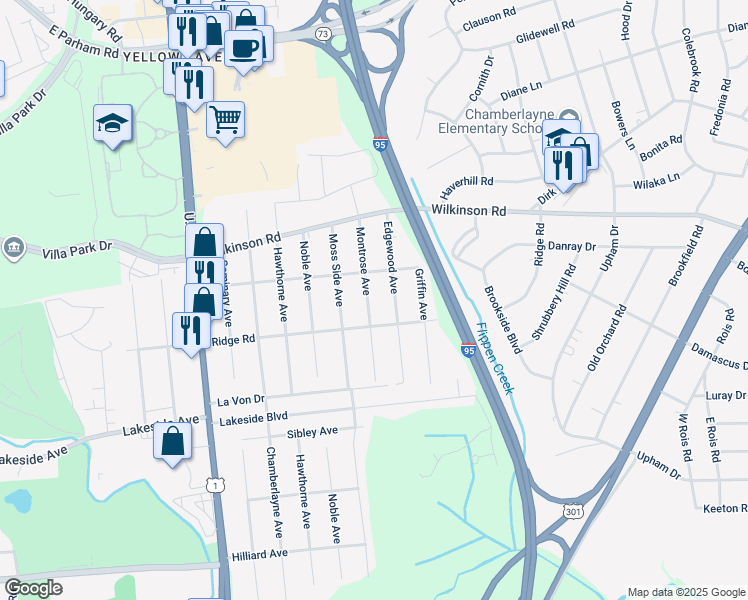 map of restaurants, bars, coffee shops, grocery stores, and more near 7509 Montrose Avenue in Richmond